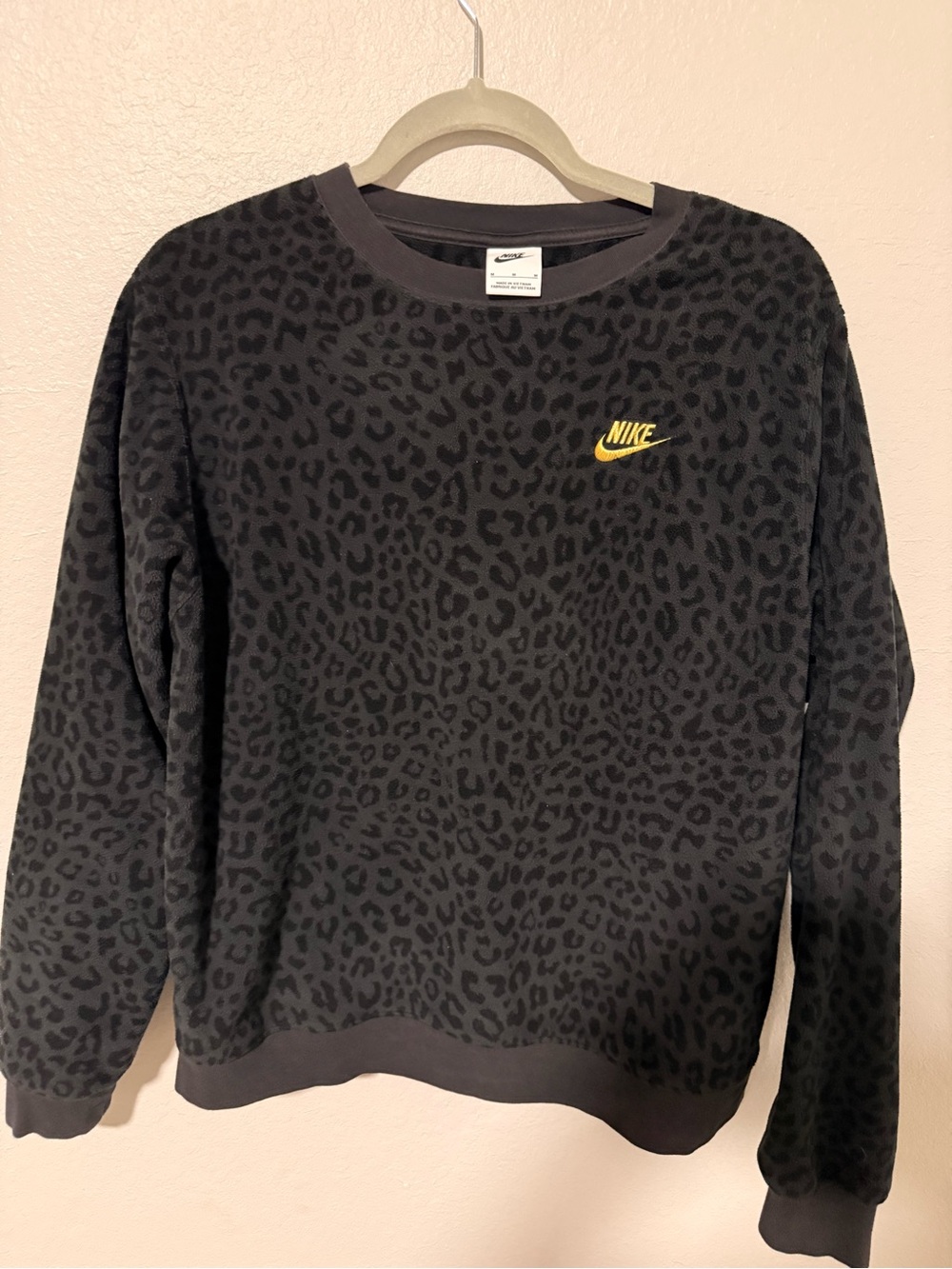 Nike Black Leopard Print Crewneck Sweatshirt with Yellow Logo
